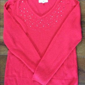 Red, V-Neck, Long Sleeved, Size L, Red Sweater With Rhinestones